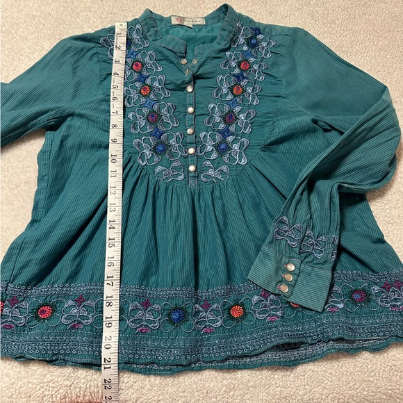 Johnny Was 3 J Workshop Blue Embroidered Prairie Western Shirt Blouse - Picture 5 of 11